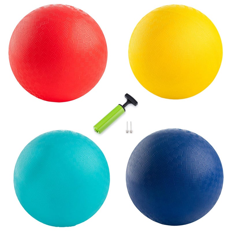 New Bounce Playground Balls for Kids - Set of 4 Rubber Bouncing Balls Plus Pump & 2 pins - Regulation Size for Dodgeball and More - Durable, Inflatable 8.5"" Game Kickballs - Image 1